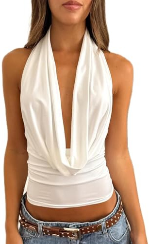 Top Sexy da Donna con Collo ad Anello Y2k Backless Flowy Summer Going out Top, A Halter Bianco, M
