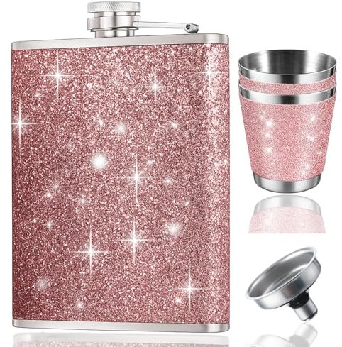 ElevaPulse 1x304 Rosa Flachmann 240ml Mit Trichter Und 2 Kleine Tassen, Auslaufsicher Flachmann Edelstahl, Für Männer Und Frauen Für Whiskey & Rum & Wodka