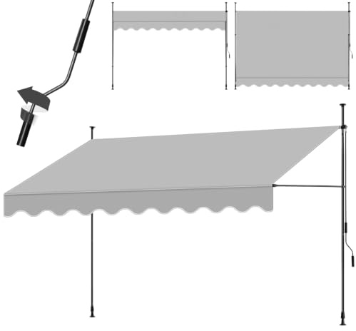 tectake® Klemmmarkise mit Handkurbel, Balkon Markise ohne Bohren, Markise höhenverstellbar, UV-beständig, wasserabweisend, Terrassenüberdachung, Sonnenschutz Terrasse & Balkon, Breite 350 cm -hellgrau