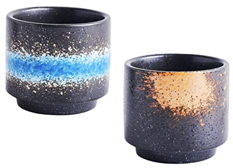 UTHCLO Taza De Cerámica Para Beber Té Japonés 2 Piezas Diseño Retro Sin Asa Color Azul y Amarillo Adecuado Para Uso Diario Casa