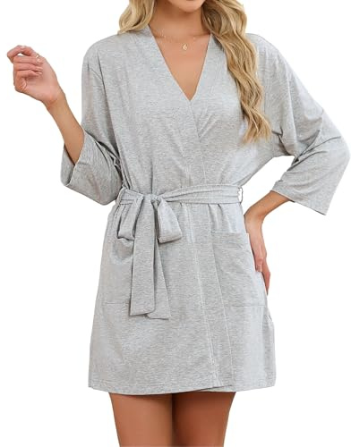 U2SKIIN Womens Tencel Cotton Kimono Robe, Soft Lightweight Short Bathrobe, V-neck Spa Loungewear with Pockets(Light Grey Mel. L)