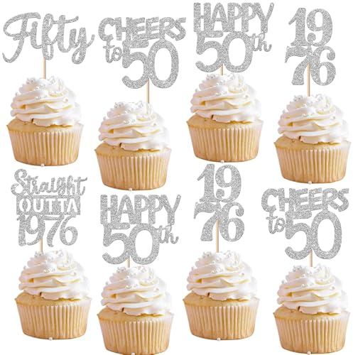 Xsstarmi 30 Pack Happy 50th Birthday Cupcake Toppers Silver Glitter Fifty Straight Outta 1976 Cupcake Picks for Cheers to 50 Years 50th Birthday Anniversary Party Cake Decorations