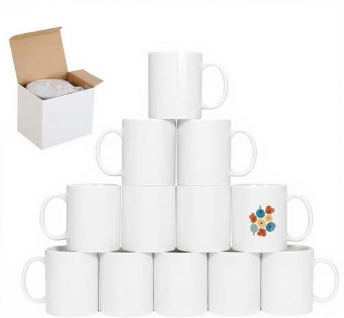 Sublimation Mugs, White Coffee Mugs 11oz Sublimation Coffee Cups AAA Coating Ceramic Mugs with Large Handle, Blanks White Mugs Set with Gift Boxes (12)