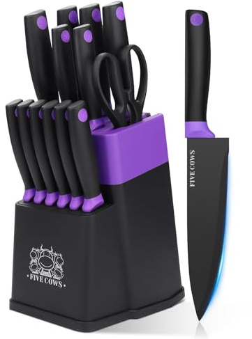 FIVE COWS Messerblock Set, mit 14-teilige, Küchenmesser Set, mit Selbstschärfender Messerblock, mit steakmesser und Schere, Beschichtung verhindert Oxidation, professionelles Set für Zuhause (Violett)