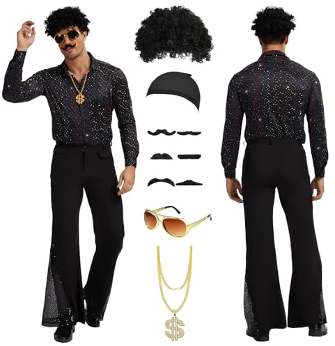 PORJDN Disco-kostym för män, 70-tals hippie-outfit med afroperuk och tillbehör, 1970-tals retro festskjorta, 80-tals disco maskeraddräkt för halloweentemafester (svart, S)