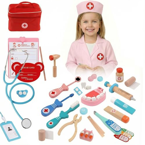 Valigetta del Dottore per Bambini con Stetoscopio, Camice e Cappello Bianchi, Kit Medico di Gioco di Ruolo da 29 Pezzi con Camice, Borsa, Termometro e Siringa (tl02-Pink)