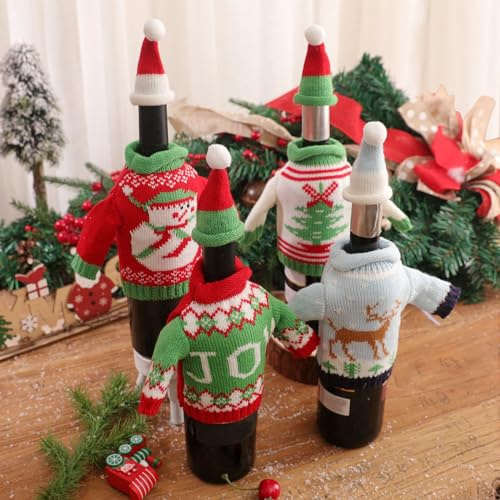 Christmas Wine Bottle Cover,4Pcs Knitted Christmas Wine Bags,Sweater Bags with Hat Knitted Champagne Dress,Xmas Dress up Bottle Decoration Knitting Holder for Holiday Table Centerpieces Decor