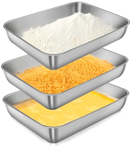 CPENG Breading Bowls Set of 3 with Stainless Steel Breading Set, Breading Street Schnitzel, Stainless Steel Bowl, Rectangular, Bowl for Breading for Fish, Meat and Vegetables (9.84 x 7.6 x 1.97 Inches