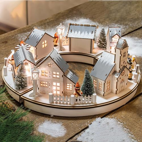 Hellum LED Weihnachtsdorf mit Beleuchtung, Weihnachtsstadt aus Holz, warmweiß Ø40cm batteriebetrieben (AA, Nicht inkl.), innen mit Timer, Weihnachtsdeko, Weihnachtshäuser mit Beleuchtung 150087