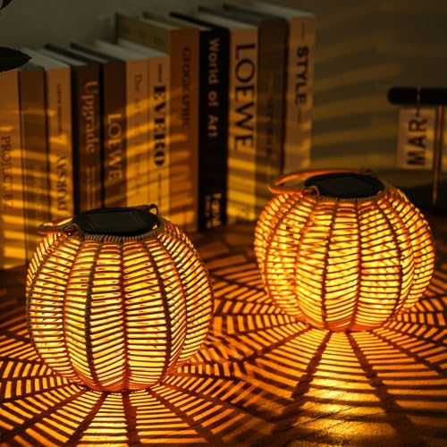 KagoLing Solar Lights Outdoor Garden, Pumpkin Style Hanging Solar Lanterns for Outside with Mesh Lighting Effect, 2 Pack Solar Garden Ornaments IP65 Waterproof, Courtyard, Terrace, Garden Decoration