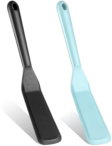 TIESOME 2 Pcs Silicone Spatula for Cooking, Long Narrow Spatula Heat Resistant Non-Stick Turner for Pancake, Omelet, Egg & Pizza (Black + Macaroni Blue)
