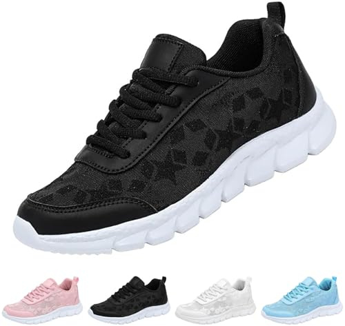 Kvinnors lyxiga ortopediska sneakers andningsbara nät slip-on löpning träningsskor bekväma blommigt tryck snörning promenadskor, Svart, 37 EU