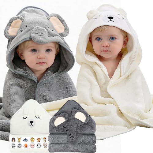 ZenyTra 2er-Set Baby Kapuzenhandtücher 80x80 cm | Weiche Bambus-Badehandtücher mit Bär & Elefant Design | Für Babyschwimmen, Baden zu Hause & als Geburtsgeschenk inkl. 25 Tier-Sticker
