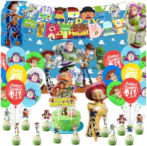 Toy Birthday Decorations for Boys Girls-Toys Kids Party Decorations Set with Happy Birthday Banner Latex Ballons Birthday Photography Backdrop Cake Toppers for Toys Theme Party Supplies Decoration