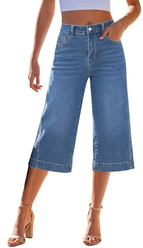 Chanpning Pantalon Jean 3/4 Femme Jeans Capri Taille Haute Décontracté Jeans Baggy Femme Large Coupe Droite Ample Vintage Pantalon en Denim Pantacourt Été Pants AVCE Poches