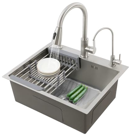 Apriltop Fregadero Cocina Acero Inoxidable con Grifo Extraíble, Dispensador de Jabón y Escurridor, Fregaderos de un Seno, 55x45x20cm, Incrustado/A ras de la Encimera/Sobre la Encimera (Plata)