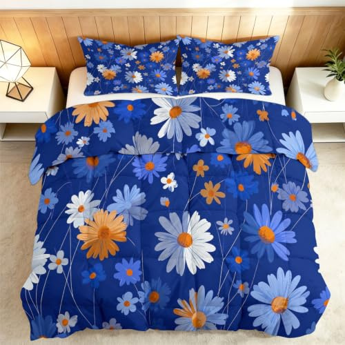 Srigzcaly Trapunta 220 x 240 cm, motivo: cuore giallo, arancione, margherita blu, per letto matrimoniale e matrimoniale, Edredon piante pastorali reversibili 4 stagioni, coperta traspirante e morbida