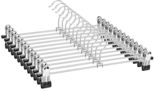 Amber Home 12 Stück 30cm Chrom Eisen Kleiderbügel, Silber Metall Hosenbügel Aufhänger für Hosen Shorts Rock Socken Unterwäsche, mit rutschfest Clips