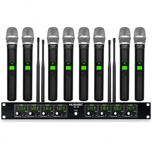 Professional 8 Channel UHF Wireless Microphone System, Upto 300ft Range | Eight wireless mics let 8 people sing or speak at once, with separate UHF channels, XLR & 1/4 Outputs, volume control