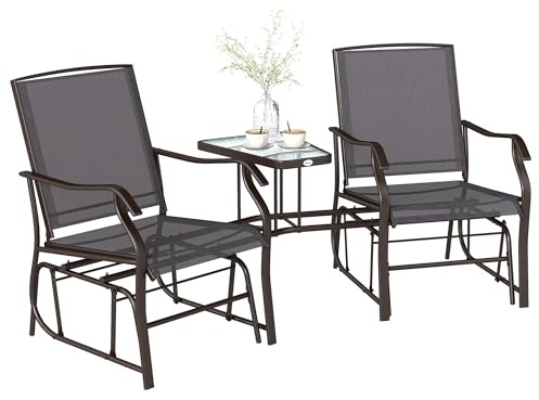 Outsunny Outdoor Double Glider Rocking Chairs with Glass Top Table Grey