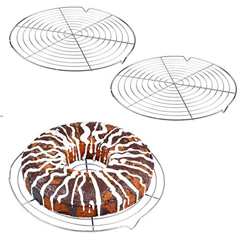 Nuluxi Abkühlgitter Edelstahl Metall Kuchenauskühler Rund Kuchen Abkühlgitter Tortenkühler Gleichmäßiges und Schnelles Auskühlen Leichte Lösbarkeit der Gebäcke Extra Große Auskühlfläche-2 Stück，Silber