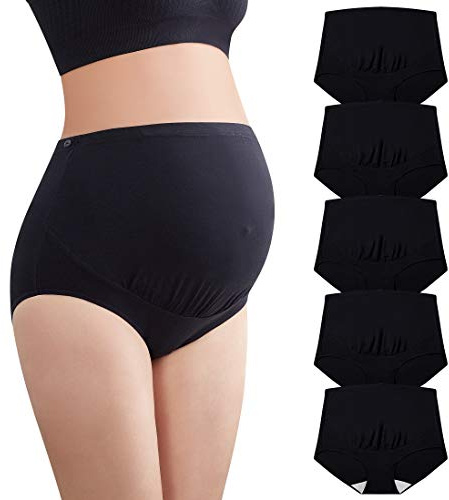 Mama Cotton Women’s Over The Bump Maternity Panties High Waist Full Coverage Pregnancy Underwear Adjustable Waistband (All Black 5 Pack, Size-XL)