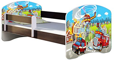 ACMA Kinderbett Jugendbett mit Einer Schublade und Matratze Wenge mit Rausfallschutz Lattenrost II 140x70 160x80 180x80 (36 Feuerwehr, 180x80)