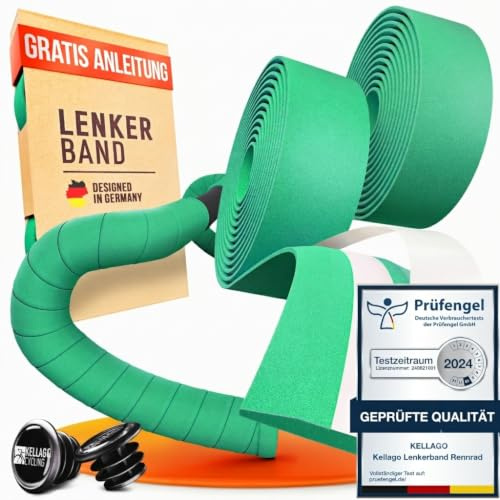 Kellago Lenkerband Rennrad grün, inkl. Kunststoff-Endkappen, Montage-E-Book & 4x Klebestreifen - Fahrrad Lenkerband - Griffband Rennrad Fahrradlenkerband