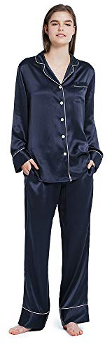 Mommesilk Seiden Pyjama Damen Maulbeerseide Schlafanzug Set Frau Nachtwäsche Homewear Damenpyjama aus 19 Momme Seiden Navy Blau, XL
