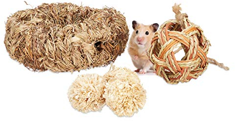 Relaxdays Hamster Zubehör Set 5 TLG., Grasröhre & 4 Bälle, Käfigzubehör Nager, Mäuse, Hamsterspielzeug Stroh/Gras, Natur
