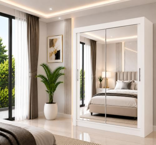 IE INTERIOR EMPORIUM Milan Full Mirror Double Sliding Door Wardrobe (or three in the 250cm size) With Shelves, Hanging Rails and LED Light in 6 Sizes & 4 Colors (203cm, White)