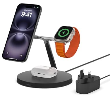 Belkin MagSafe 3 in 1 Wireless Charging Station, 15W iPhone and Apple Watch Fast Wireless Charger, AirPods Charging Station for iPhone 16, 15, 14, 13, 12 Series, Apple Watch 10/9/8, SE, Ultra - Black