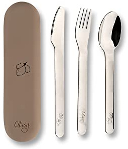 Citron - Set di 3 posate in acciaio inox, forchetta, cucchiaio e coltello, riutilizzabili, utensili da viaggio e set di posate per bambini, colore: limone