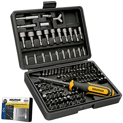 WOLFPACK LINEA PROFESIONAL Juego Puntas con Destornillador 1/4 122 Pzs. Con Apadtador. Cromo Vanadio, Kit Llave Combinada, Kit Carraca,