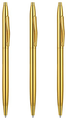 TIESOME 3Pack Slim Kugelschreiber Schwarze Tinte Mittlere Spitze 0,5 mm Schreibstift Metallischer Einziehbarer Stift Tolles Geschenk für Hochzeit, Business, Büro, Studenten, Lehrer (Gold)