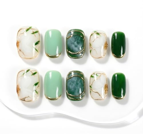 Sun&Beam Nails Handgefertigte Press-On Nails Short Squoval Grün (#033 XS) | Grün und Weiß im Marmor-Look mit Blattakzenten und glänzendem Finish, 10-teiliges Set