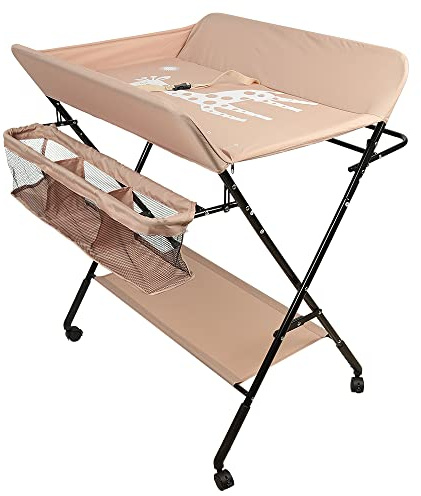 THINFAR Wickeltisch, klappbar, Wickeltisch mit Aufbewahrungskorb, Sicherheitsgurt und 4 Rollen mit Bremse, höhenverstellbar 80 x 66 x 98 cm (Amande)