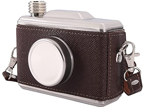 DEAUVIOR 11OZ Creative Camera Hip Flask Portable Stainless Steel Alcohol Flask with Funnel and Strap Leakproof Brown Camera Wine Bottle for Men Women Outdoor Drinking (Brown)