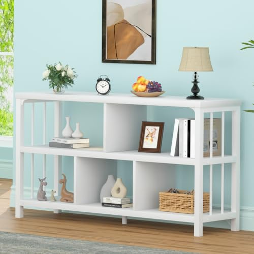 IBF Bücherregal Weiß Wohnzimmerregal Standregal mit 5 Fächern Holzregal Würfelregal für Wohnzimmer Modern Regal mit 2 Ebenen Weiß 120 cm | Industrial Modern Metall Holz Eiche Stehend Ohne Bohren Wohnzimmer Arbeitszimmer Küche Kinderzimmer Dvd Plattenspieler