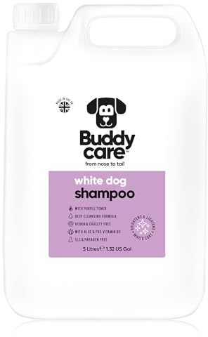 Shampooing Blanc pour Chien par Buddycare - Shampooing éclaircissant pour Chiens - Nettoyage en Profondeur, Parfum Frais - avec de l'aloe Vera et de la provitamine B5 (5L)
