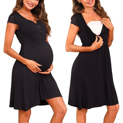 Nieery amningsnattskjorta dam, nattskjortor för gravida kvinnor, mammakläder, nattkläder, spets, graviditetsnattlinne med knappslå födelseklänning, amningstopp, amningskläder, svart, L