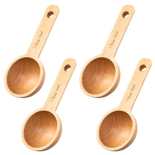 4-Pack Wooden Coffee Scoops - Beech Wood Coffee Measure Scoop Set for Canisters - Small 15ml Wooden Tablespoons for Ground Coffee, Tea, Sugar - Home Kitchen Accessories for Precise Measurements