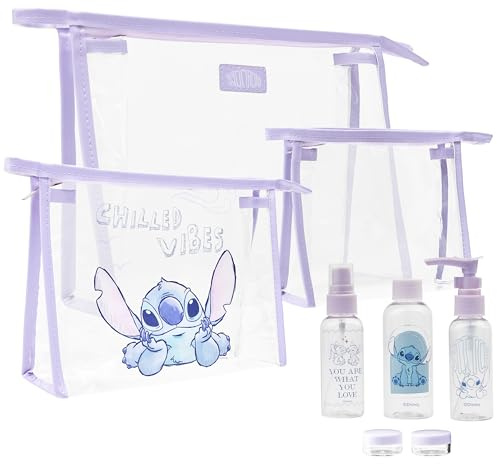 Disney Stitch Kit Viaje, Bolsa de Aseo Viaje Neceser de Maquillaje Neceseres de Viaje Botellitas Rellenables, Regalos de Stitch (Stitch Lila 8 Piezas)