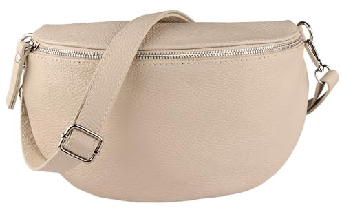 MIRROSI® Bauchtasche Damen, Made in Italy, Echtleder Umhängetasche Echtes Leder, Brusttasche, Crossbody Bag aus Echtem Leder, in 3 Größen erhältlich (Beige Silberner Reißverschluss) (Gr.S)