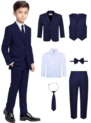 Boy's 6-Piece Formal Suit Set – Includes Suit Jacket, Comfort Waist Dress Pants, Vest, Dress Shirt, Necktie & Bow Tie – Navy Suit, 8