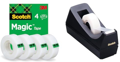 Scotch Ruban Magic - 4 Rouleaux, 19 mm x 33 m - Ruban Adhésif à Usage Général pour la Réparation, l'Etiquetage et la Fermeture de Documents & 3M C-38 Dérouleur adhésif