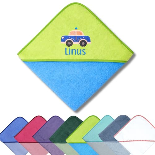 Generisch Kapuzenhandtuch Baby – Motiv Polizei – Bestickt mit Namen – 100x100 cm – personalisiert – Geschenk zur Geburt oder Taufe – Baumwolle – WÖRNER – Handtuch mit Kapuze