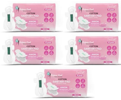 Nature Cool Anion 50 Cotton Sanitary Pads for Women - Heavy Flow Comfortable Sanitary Towels for Night with Anion Magic Technology - Ultra Thin Leak Lock Maternity Period Pads with Wings