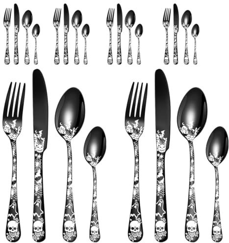 XIAOYU 24-Piece Halloween Themed Skull Silverware Set, Gothic Skull Pattern Design, Stainless Steel Flatware Set Serving for 6, Knives Forks Spoons Cutlery Daily Halloween Party Event, Black
