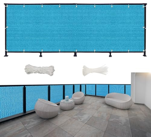 Balkon Sichtschutz Ohne Bohren 950 x 30 cm Multi Farbe Und Größe, Sichtschutz Zaun Hdpe, Balcony Privacy Screen, mit Kabelbinder Und Kordel, für Terrasse, Hinterhof, Himmelblau
